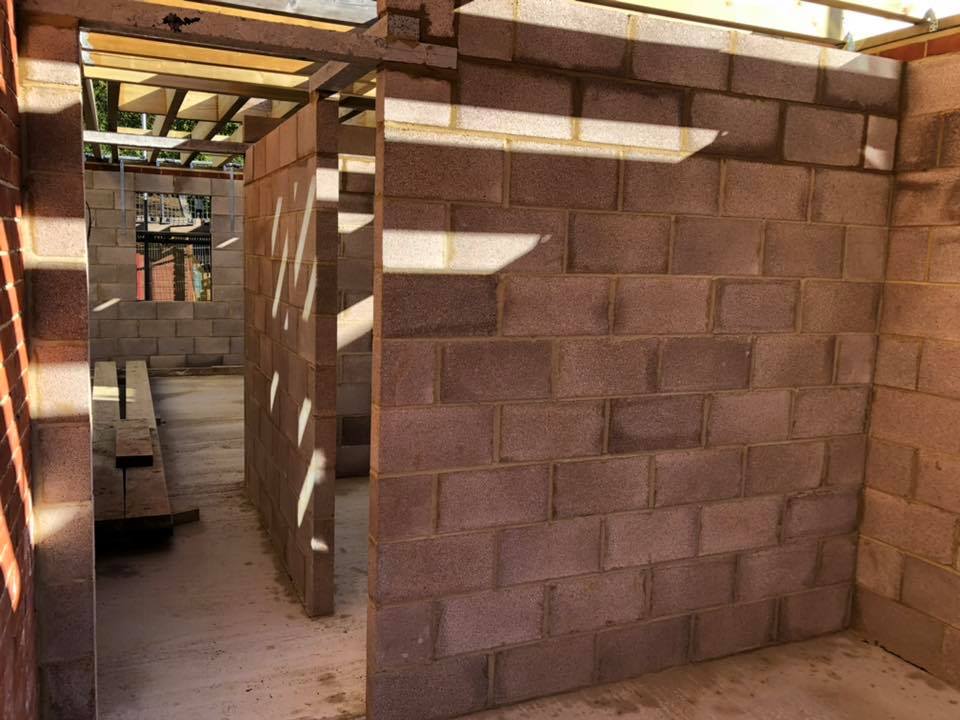 Blockwork internal walls from right side view.