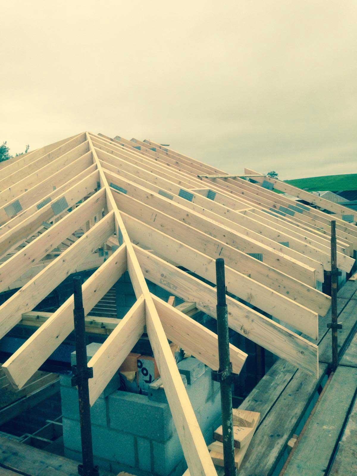 Wooden structures in place on roof ready for repair..